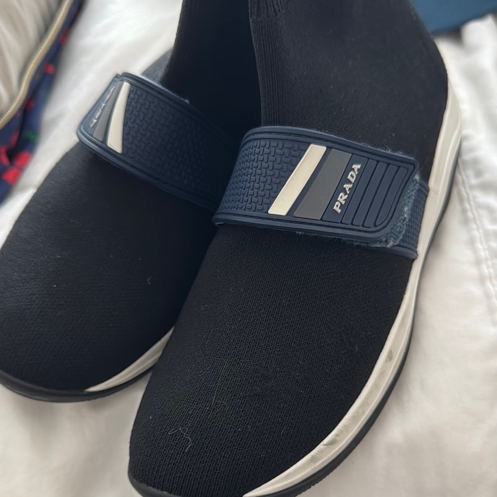 Prada Men's Black and Navy Slip-On Sneakers
